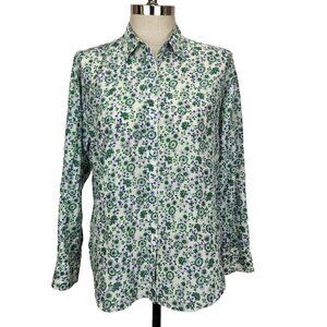 Xirena Floral Blouse S White Green Button Up Lightweight Silk Cotton Blend